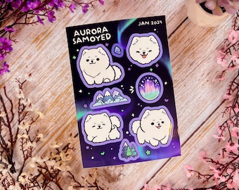 Aurora Samoyed Dog Sticker Sheet – Waterproof Vinyl Stickers