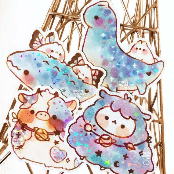 Cute Cat Boba Sparkly Stickers / Holographic Die-cut Kitty