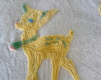 Vintage Chenille Baby Crib Blanket: Yellow Fawn Design