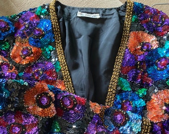 Vintage 1980's Oleg Cassini Sequin Top Black Tie Embellished Vintage 1980's Oleg Cassini Sequin Top Black Tie Embellished