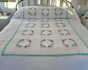 Vintage Tri Teal and Peachy Florals in Geometric Squares and surround by Waffles with no fringe in EUC! Gorgeous!
