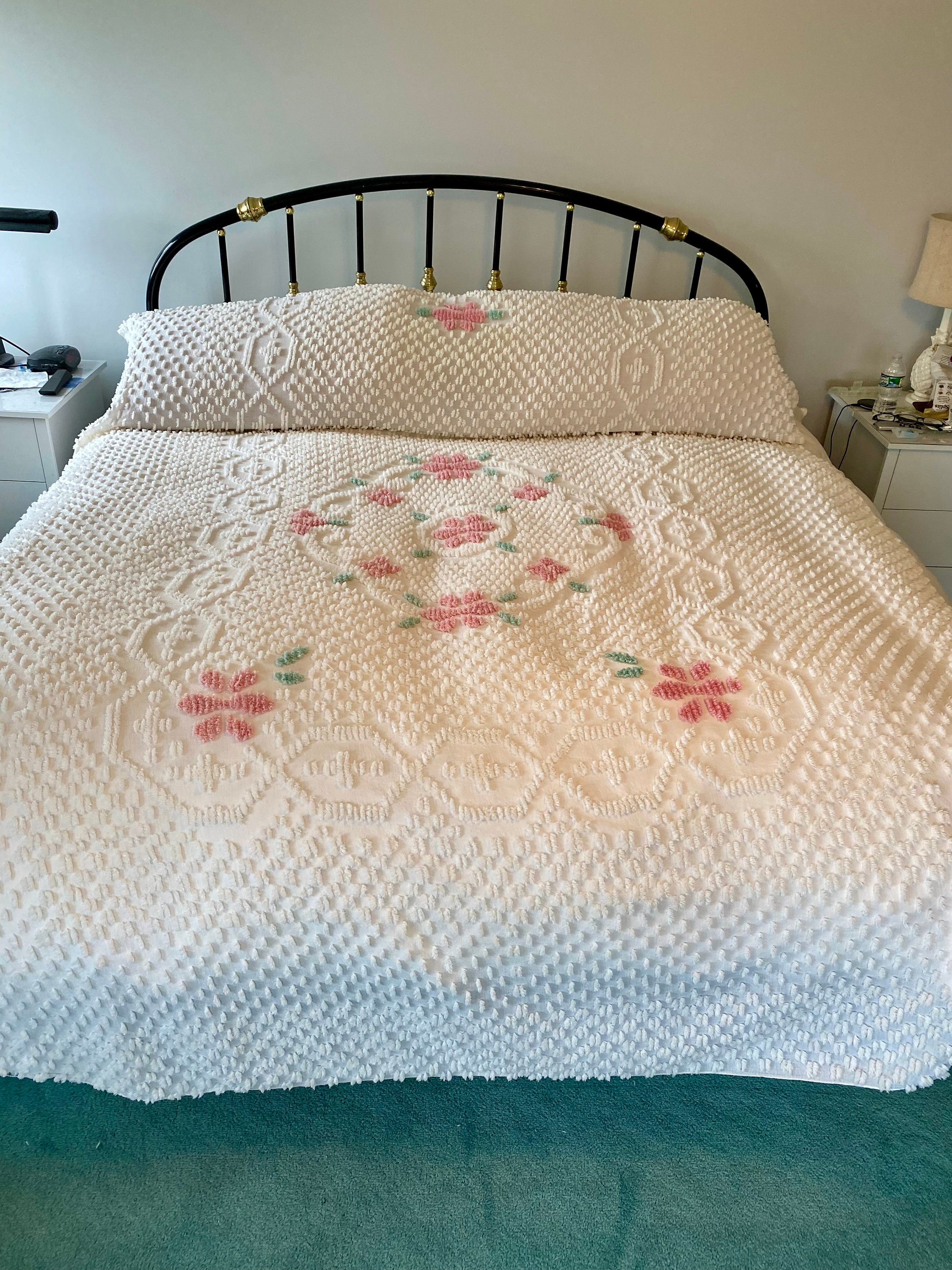 Vintage Chenille Bedspread Pink Florals on White Chenille Bedspread