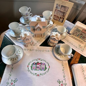 Vintage Lenox Spice Village Tea Set: Teapot, Creamer, 8 Cups & Saucers