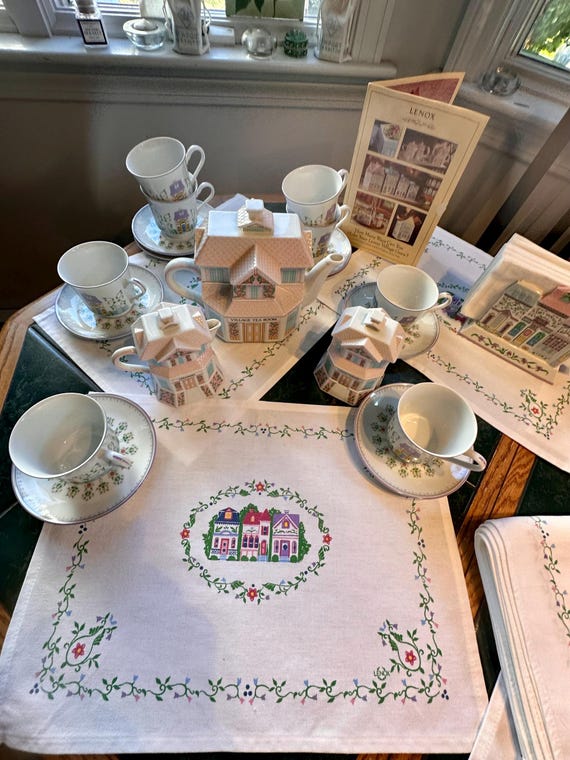 Vintage Lenox Spice Village Tea Set: Teapot, Creamer, 8 Cups