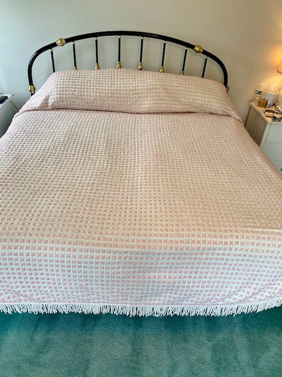 Vintage Chenille Bedspread Morgan Jones 1960's Pink& Teal Rosebud