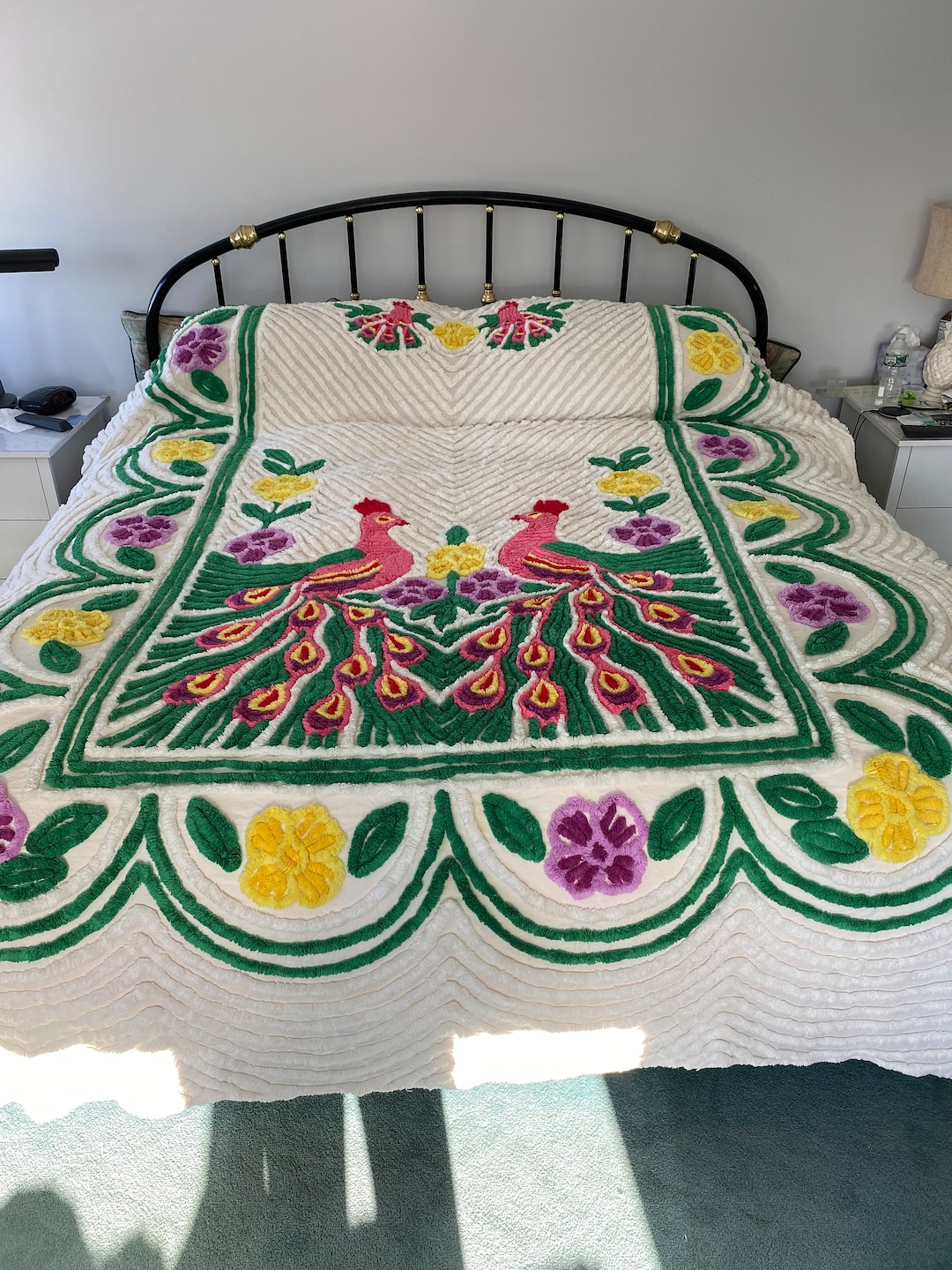 Vintage Chenille Bedspread Green Double Peacock Chenille
