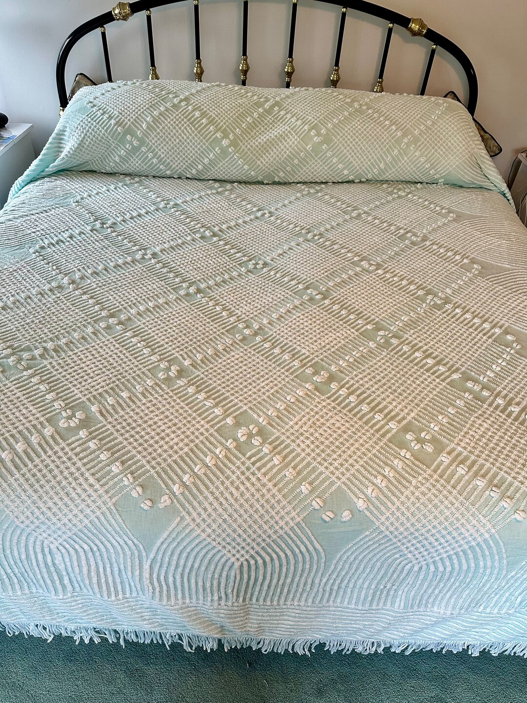 Vintage Teal Double Wedding Rings Chenille Bedspread With Cathedral