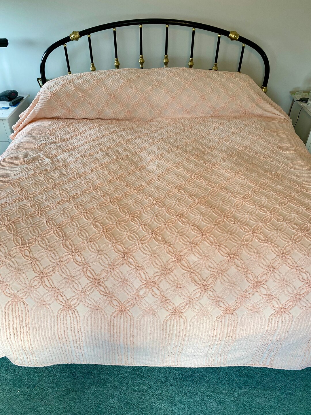 Vintage Chenille Bedspread Perfectly Peach Double Wedding Rings Tightly