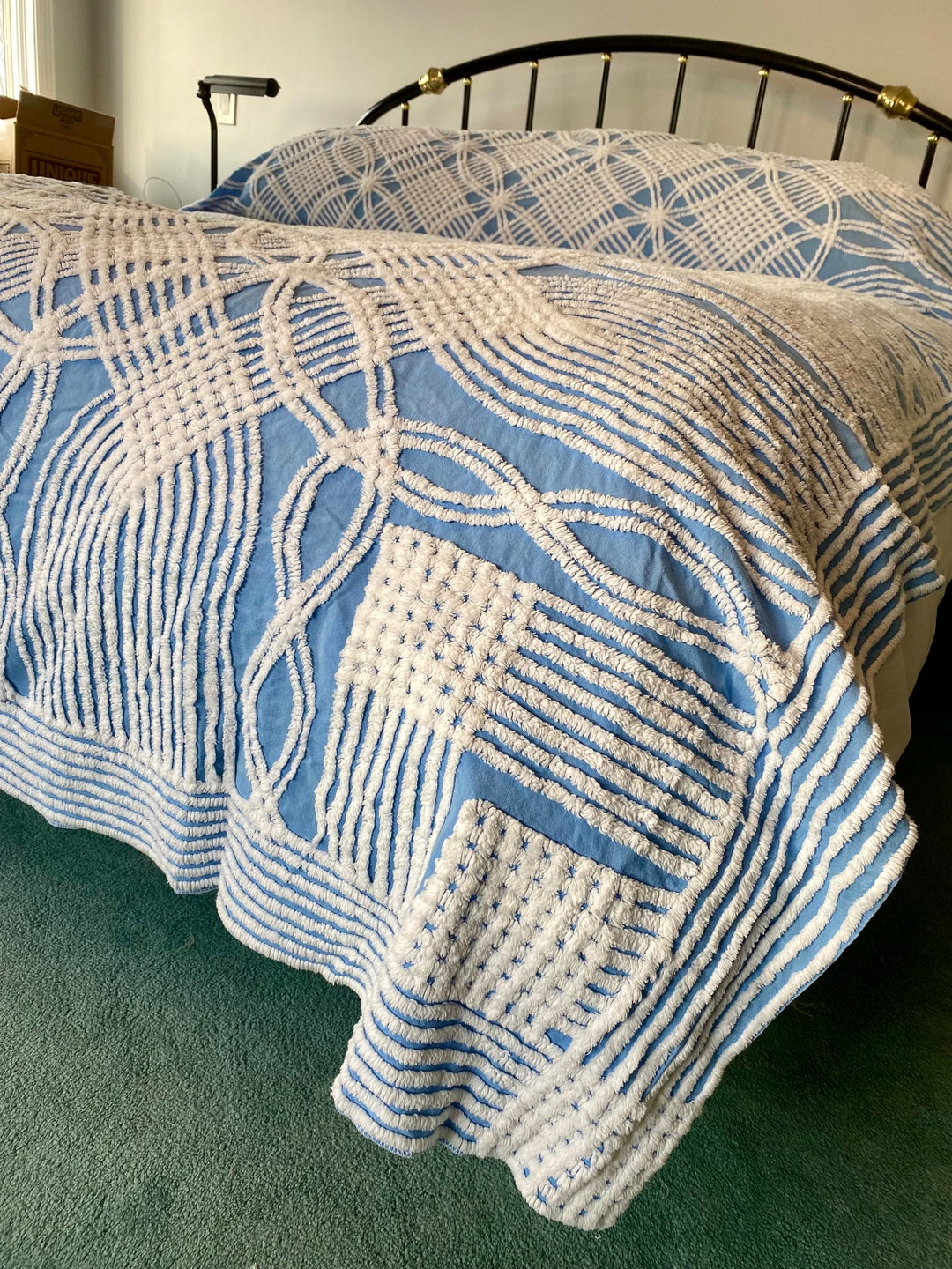 Vintage Chenille Bedspread Baby Blue Double Wedding Rings With Etsy