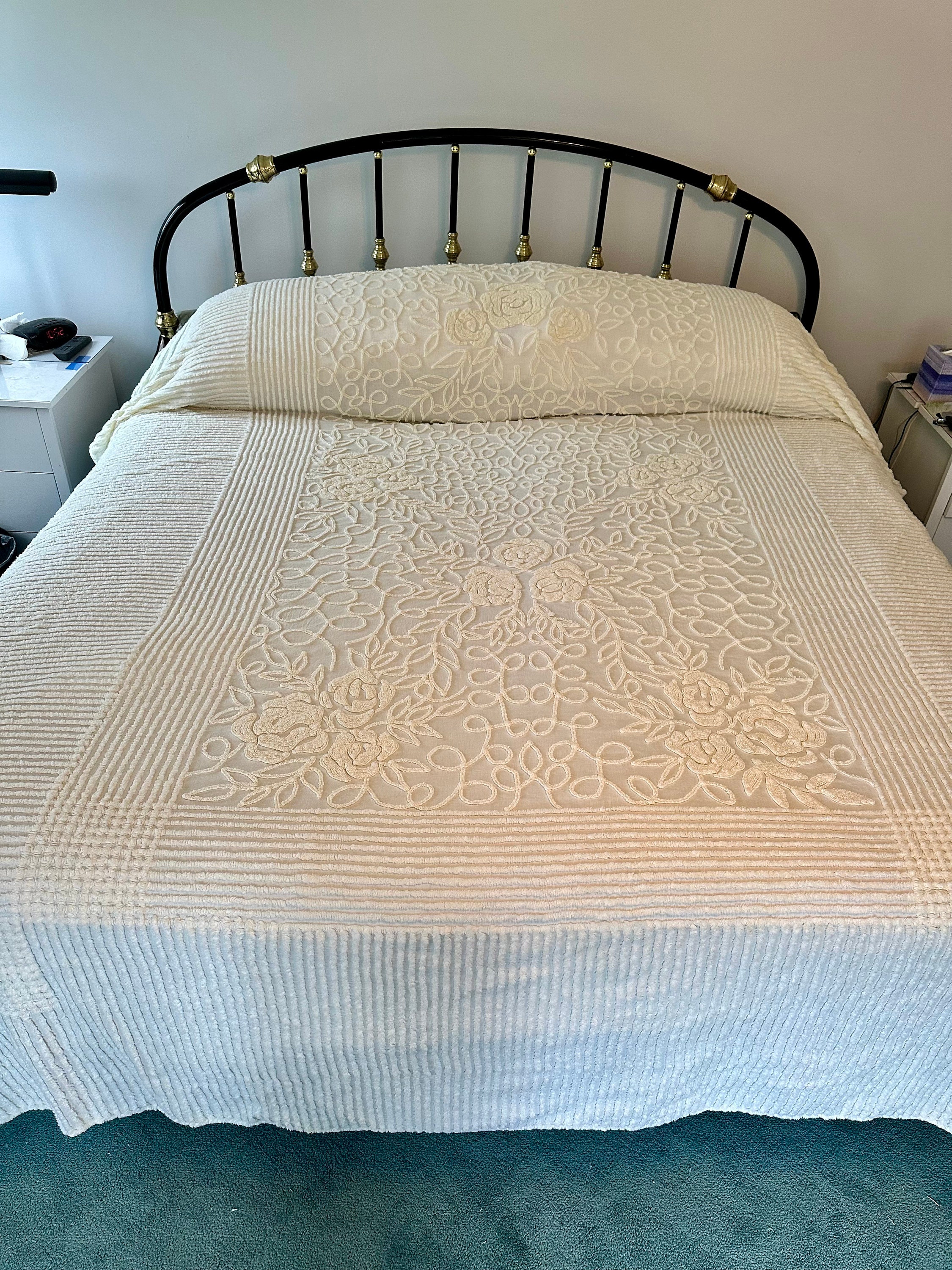 Vintage Ecru Floral Cabin Crafts Chenille Bedspread EUC Etsy