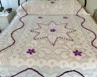 Vintage Minette Lightweight Summer 2-Tone Violet Star Chenille Bedspread Never been Used