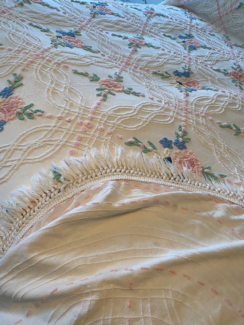 Vintage Chenille Bedspread Pink Cabbage Rose Chenille - Etsy