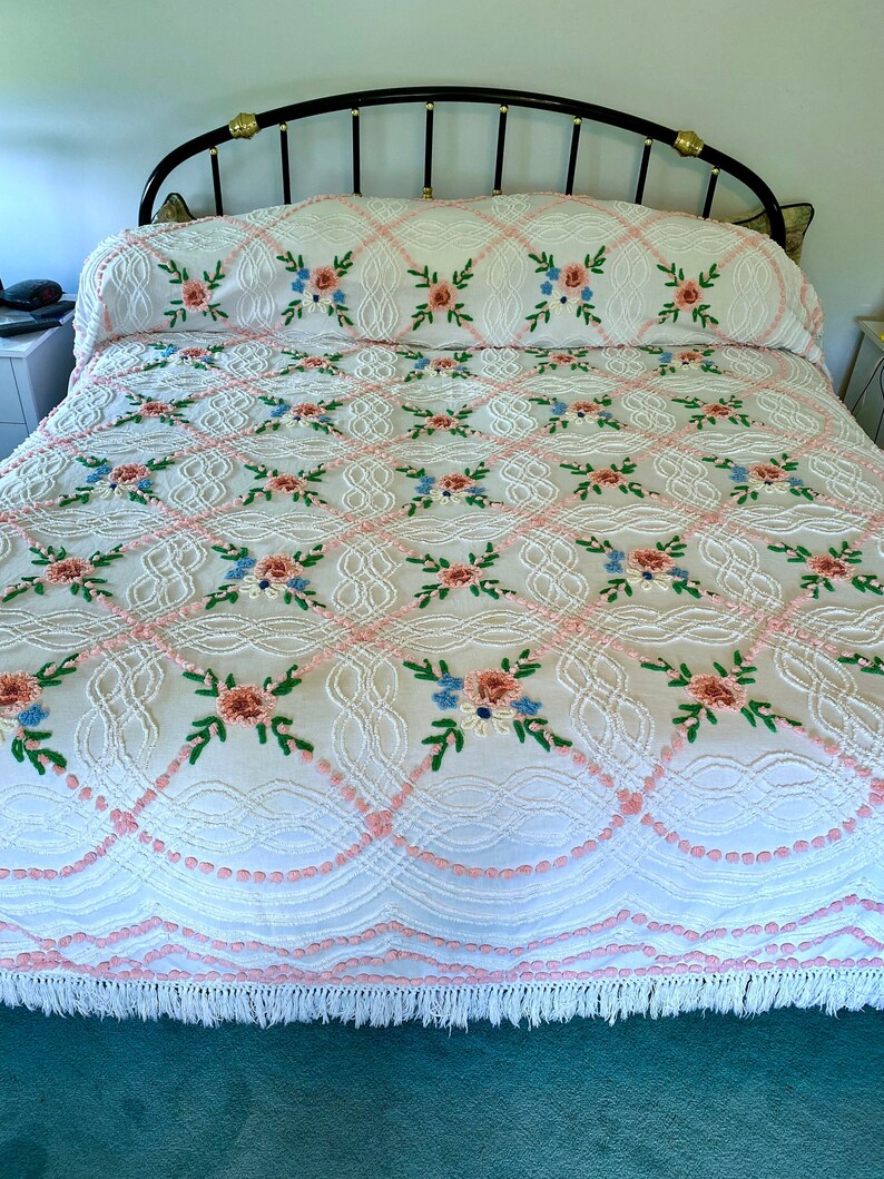 Vintage Chenille Bedspread Botanical Flowers by Cabin Crafts Etsy