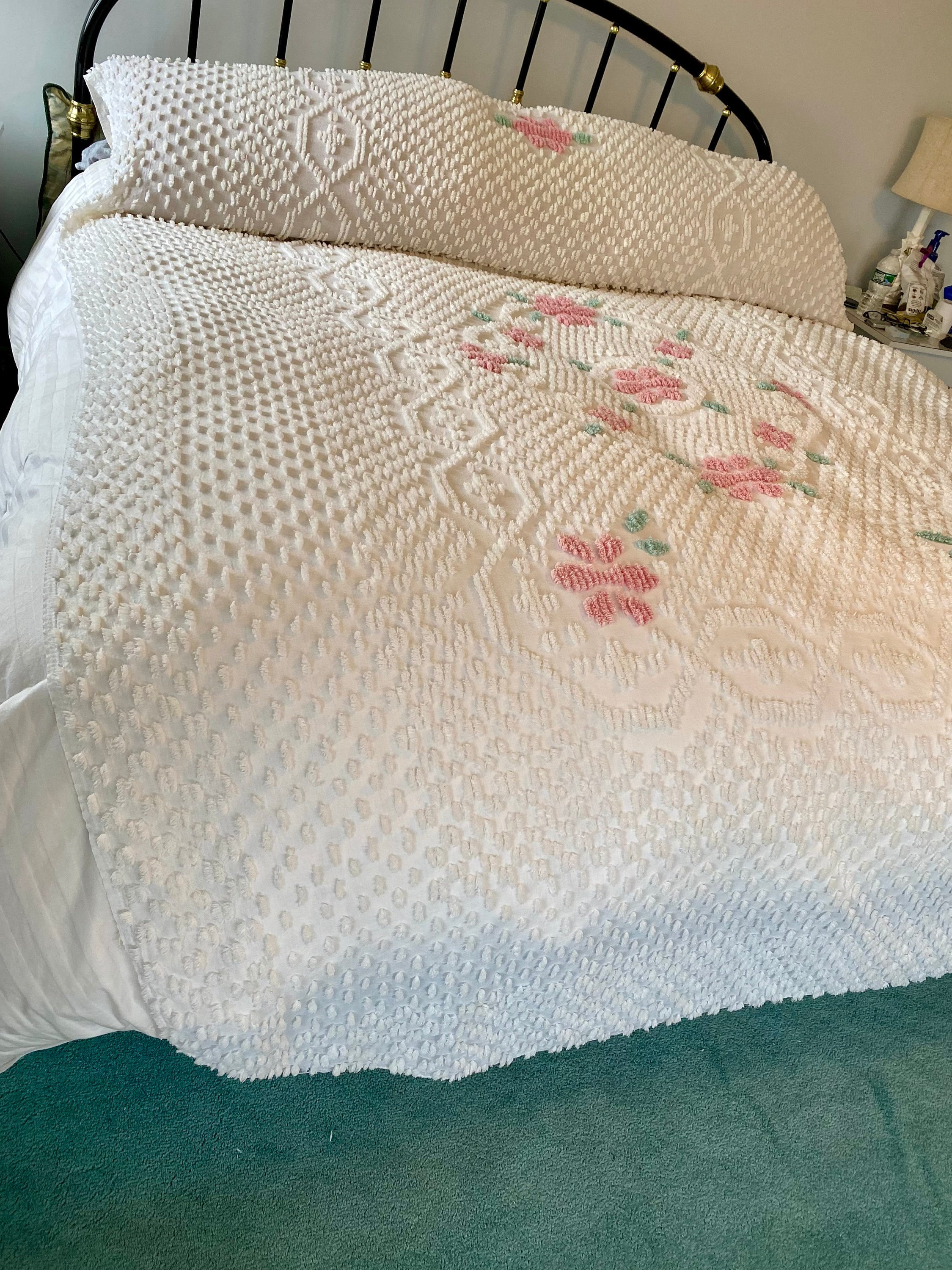 Vintage Chenille Bedspread Pink Florals on White Chenille Bedspread