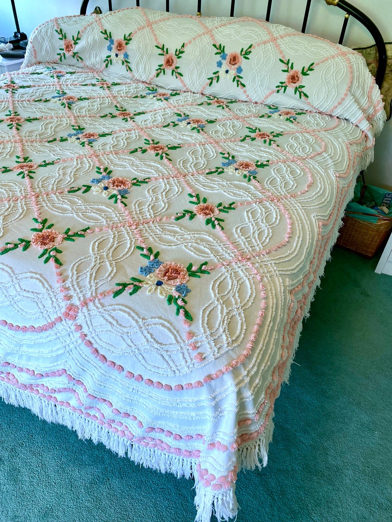 Vintage Chenille Bedspread Botanical Flowers by Cabin Crafts Etsy