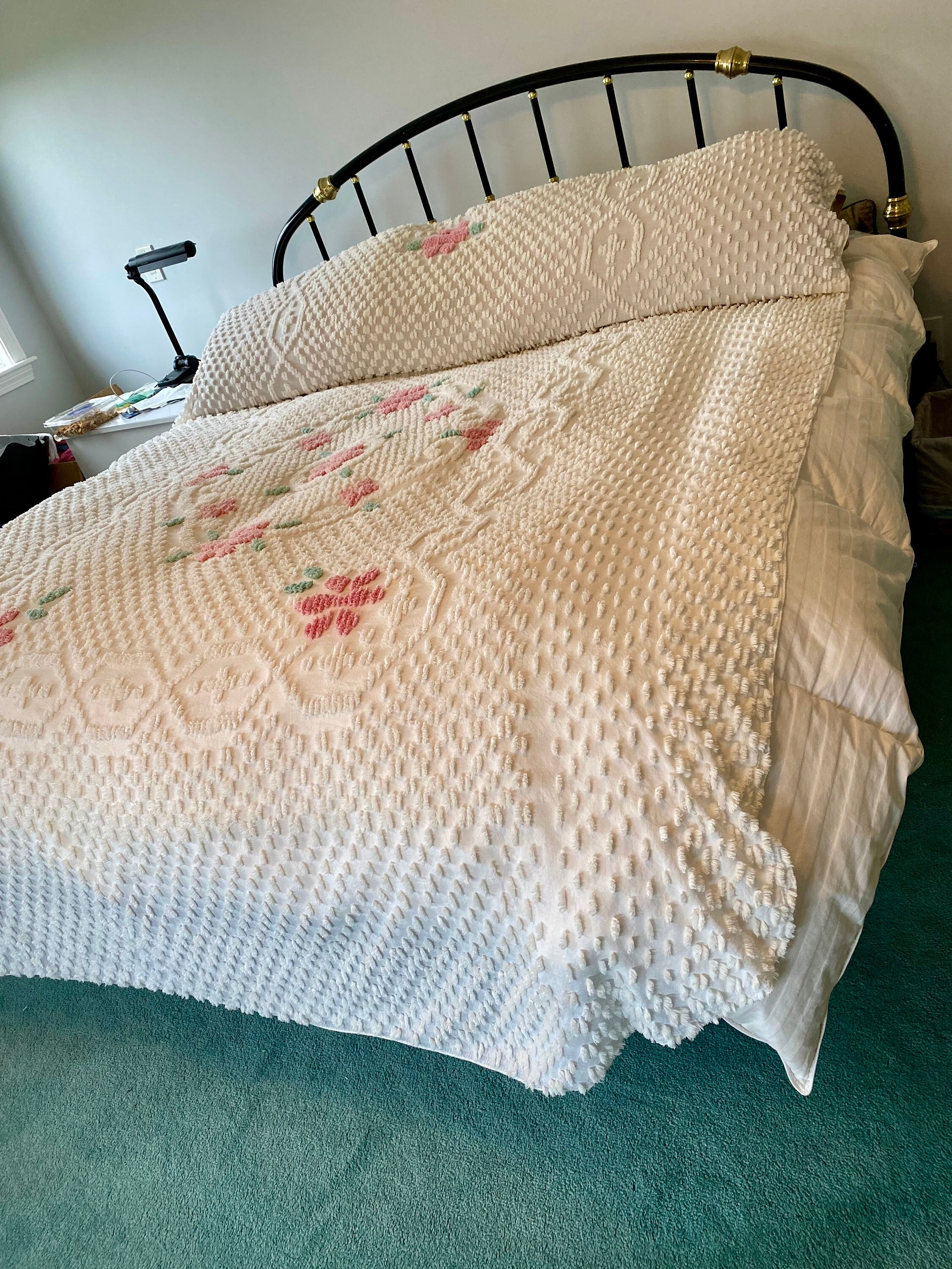 Vintage Chenille Bedspread Pink Florals on White Chenille Bedspread