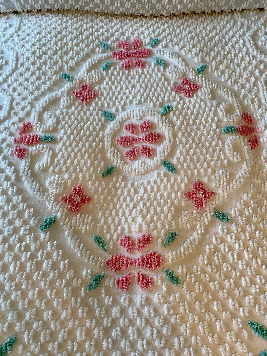 Vintage Chenille Bedspread Pink Florals on White Chenille Bedspread