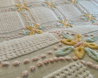 Vintage Lightweight Pastel Florals and Geometric Flourished Squares Chenille Bedspread VGC