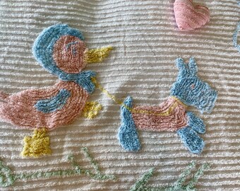 Vintage Chenille Crib Blanket: Pink Duck and Puppy