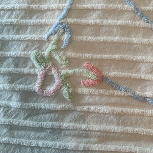 May include: A close-up of a white fabric with a raised, embroidered design. The design features a light blue, pink, and green floral pattern.