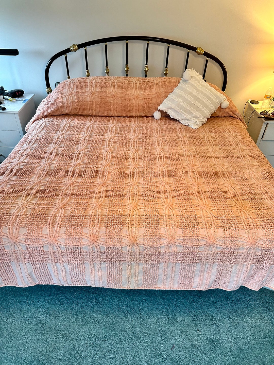 Vintage Peach Double Wedding Ring Chenille Bedspread by Etsy