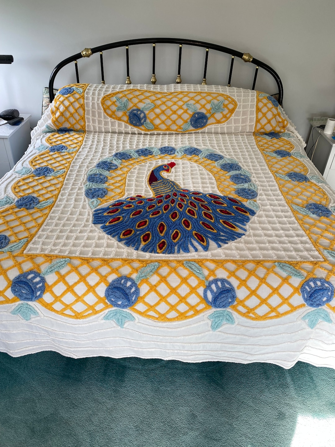 Vintage Chenille Bedspread Beautiful Blue, Yellow & Red Peacock