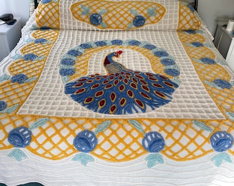 Vintage Chenille Bedspread: Blue, Yellow & Red Peacock Design (85" X 103)