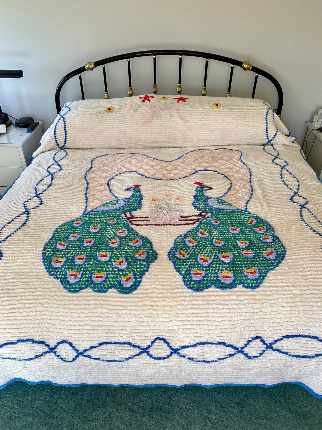 Vintage Chenille Bedspread Double Peacocks Teal Green on Beige Etsy