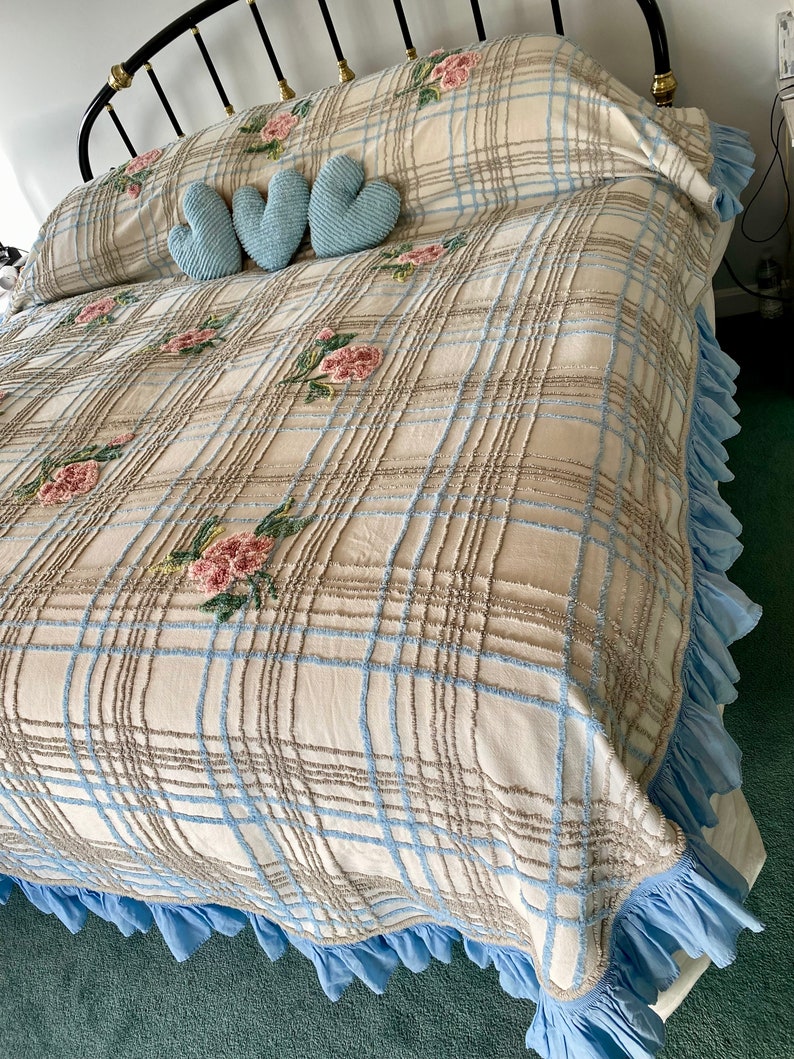 Vintage Chenille Bedspread Cabin Crafts Cabbage Rose & Plaid Etsy