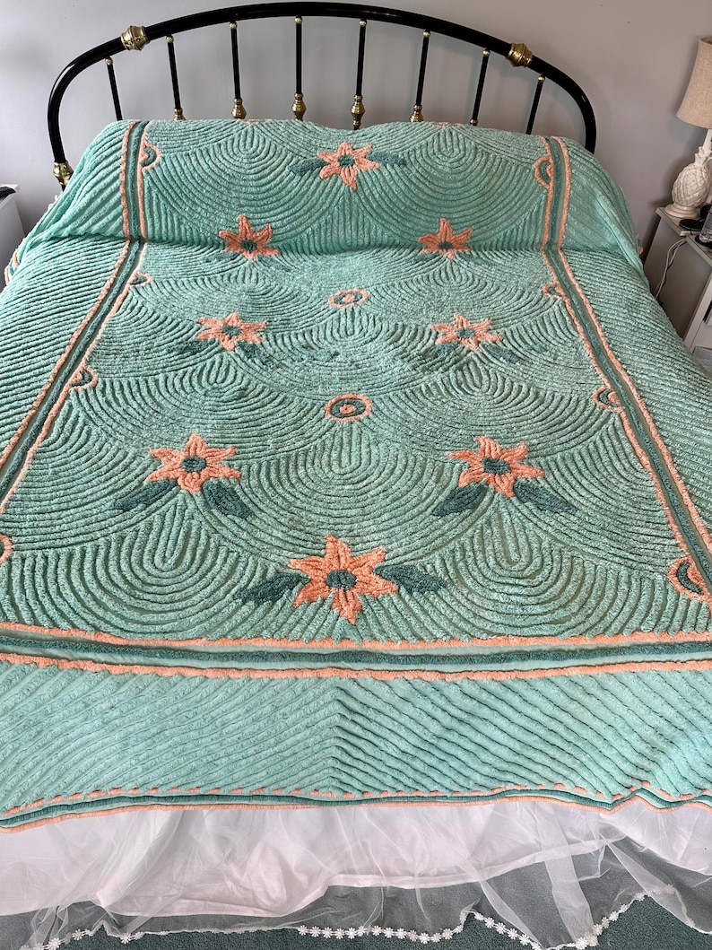 Vintage Chenille Bedspread: Teal Peach Starfish, Mid-century Decor - Etsy