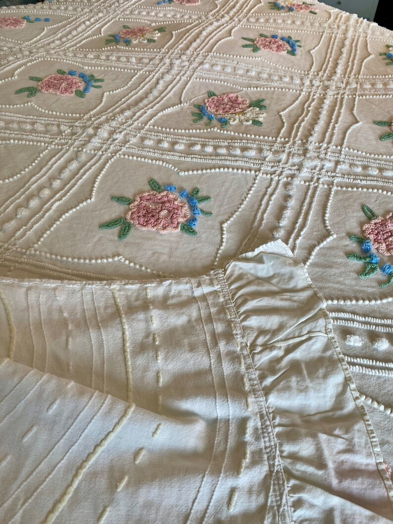 Vintage Chenille Bedspread Cabin Craft Pink Cabbage Rose and Etsy