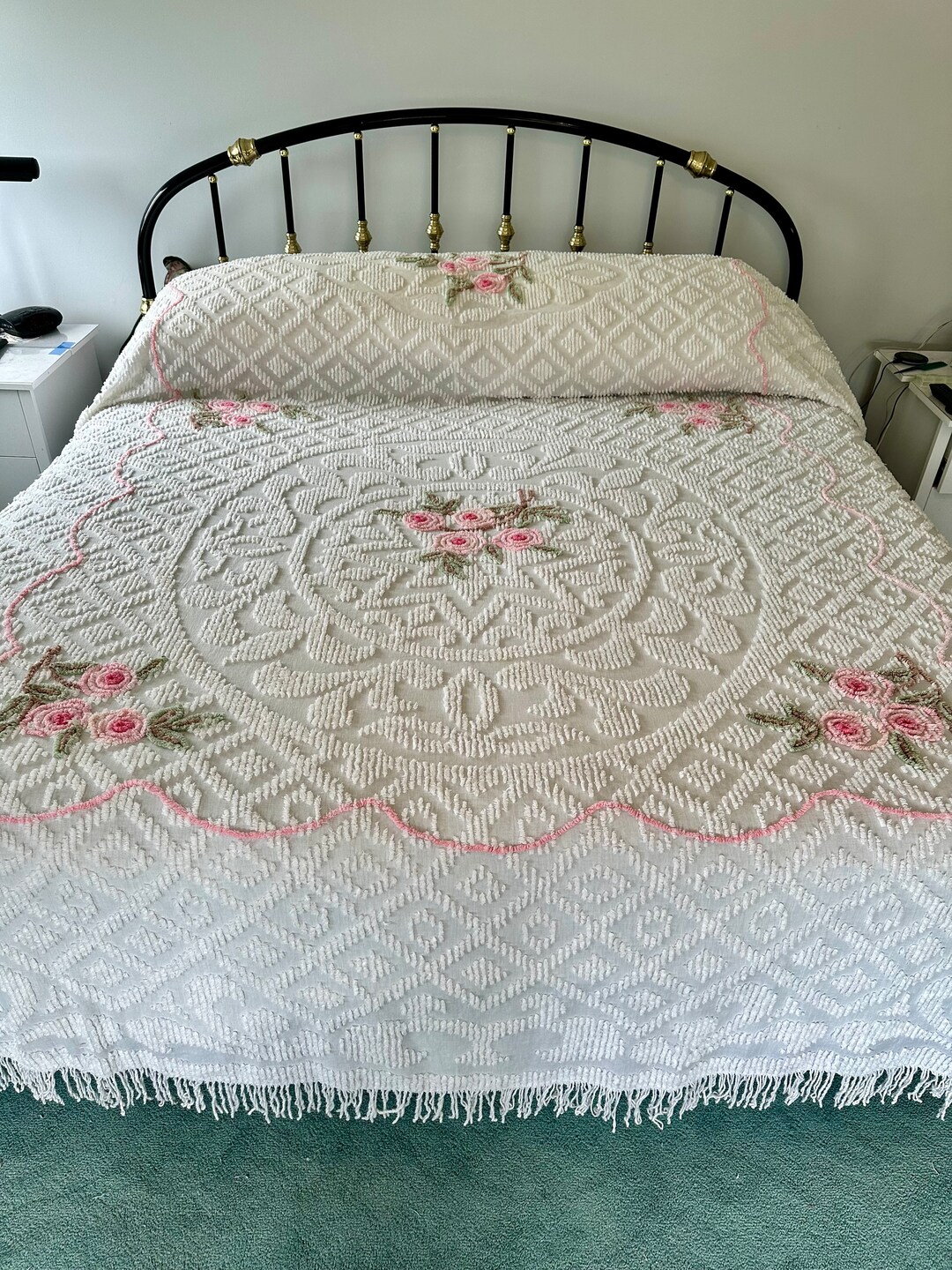 Vintage Pink Floral and White Chenille Bedspread From Midcentury Etsy
