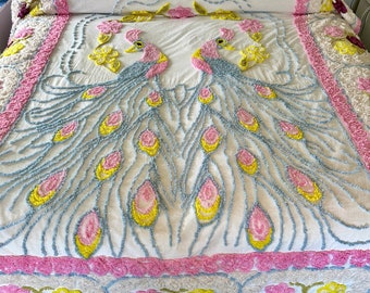 Vintage Pastel Double Peacocks and Florals in Hearts Chenille Bedspread EUC