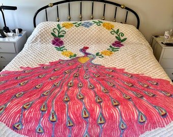 Vintage Chenille Bedspread: Pink Princess Peacock Design, Queen