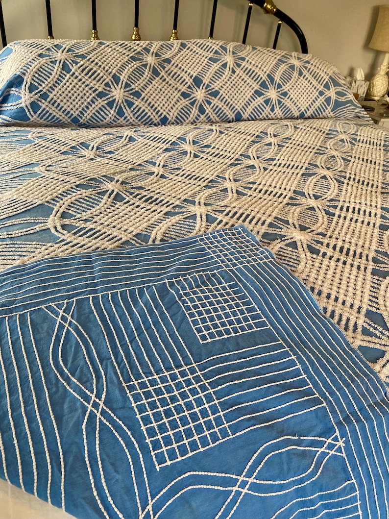 Vintage Chenille Bedspread Baby Blue Double Wedding Rings With Etsy