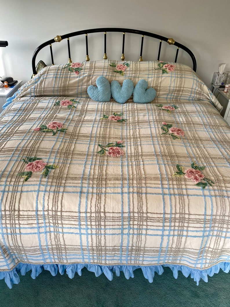 Vintage Chenille Bedspread Cabin Crafts Cabbage Rose & Plaid Etsy