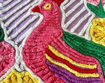 Vintage Red Double Peacocks on Lilac Canvas Chenille Bedspread