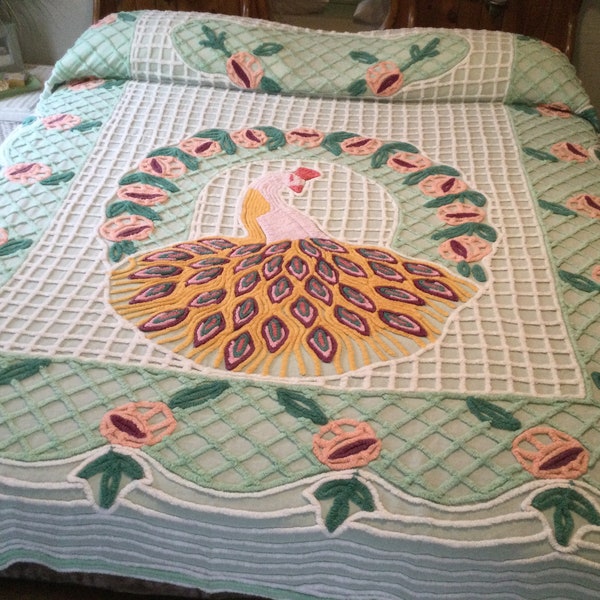 Vintage Chenille Bedspread Light Green Peacock and Florals Very Nice
