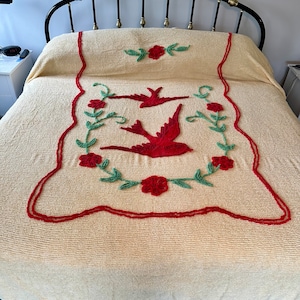 Vintage Red Cardinal Birds Flying over Florals on Yellow Chenille Bedspread EUC