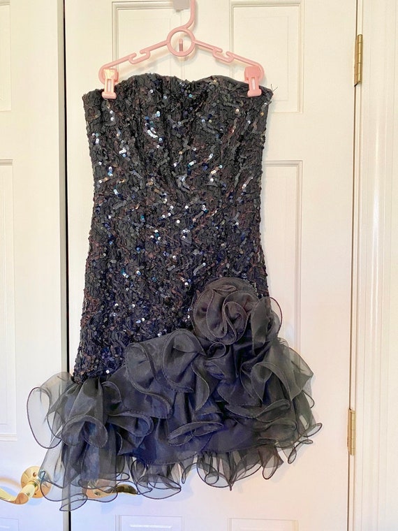 1990s De Laru Vintage Black Sequin Top Dress Voile