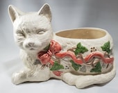 Vintage Holiday Cat Planter LTD 1989 White Cat Christmas Indoor Planter Red Bow and Holly Designed Cat Planter