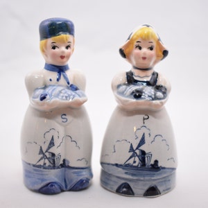 Vintage klassische Delft Stil blau / weiß niederländischen jungen Mädchen Holland Windmühle Salz & Pfefferstreuer Japan Papier Label