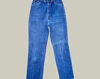 Vintage Rumble Sitze Jeans 70er Jahre Hi Rise Gerades Bein Distressed Fringe Saum W25