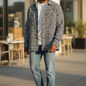 Common People Wool Overshirt: Navy Green Check Tweed Shacket, Size L
