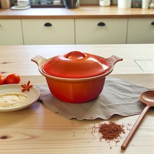 Pode incluir: Uma panela holandesa de ferro fundido esmaltado laranja com tampa, sobre uma mesa de madeira. A panela tem duas alças e um botão na tampa. Uma colher de pau, um prato com pó branco, tomates e especiarias também estão na mesa.