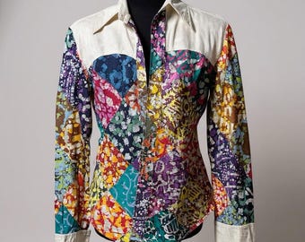 Vintage 1970s Patchwork Shirt Rainbow Boho Festival Top  Hippie Disco Maharajah Sir