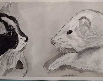 India ink line and wash ORIGINAL ART of calico and ferret - (Smudge and Skunk)