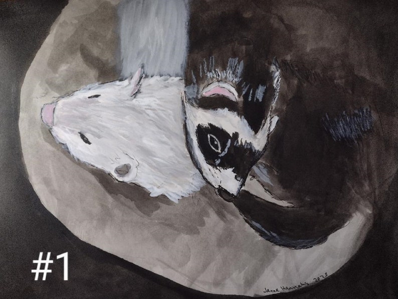 my original watercolor of two ferrets snuggled down one ferret white with pink nose and sable ferret resting on her with black mask and pink ears.