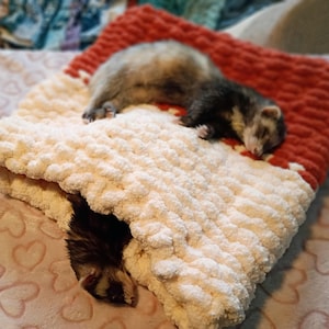 May include: Two ferrets resting on a thick, hand-knitted sleeping pouch. The pouch features a chunky, textured yarn design with a cream-colored front section and a deep rust-orange back section, providing a cozy space for the animals to sleep.