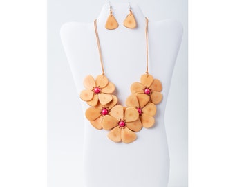 Peach Tagua Flower Necklace Set | Peach Eco Friendly Bib Statement Jewelry | Gift for Wife Mom Her